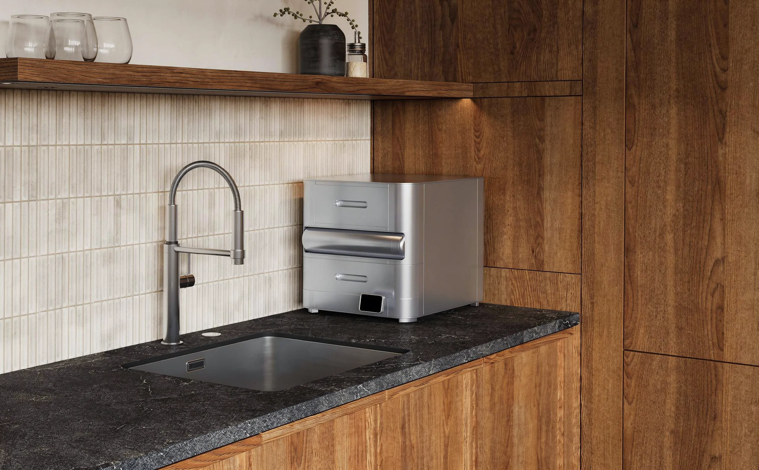 Enclave on a kitchen counter beside the sink