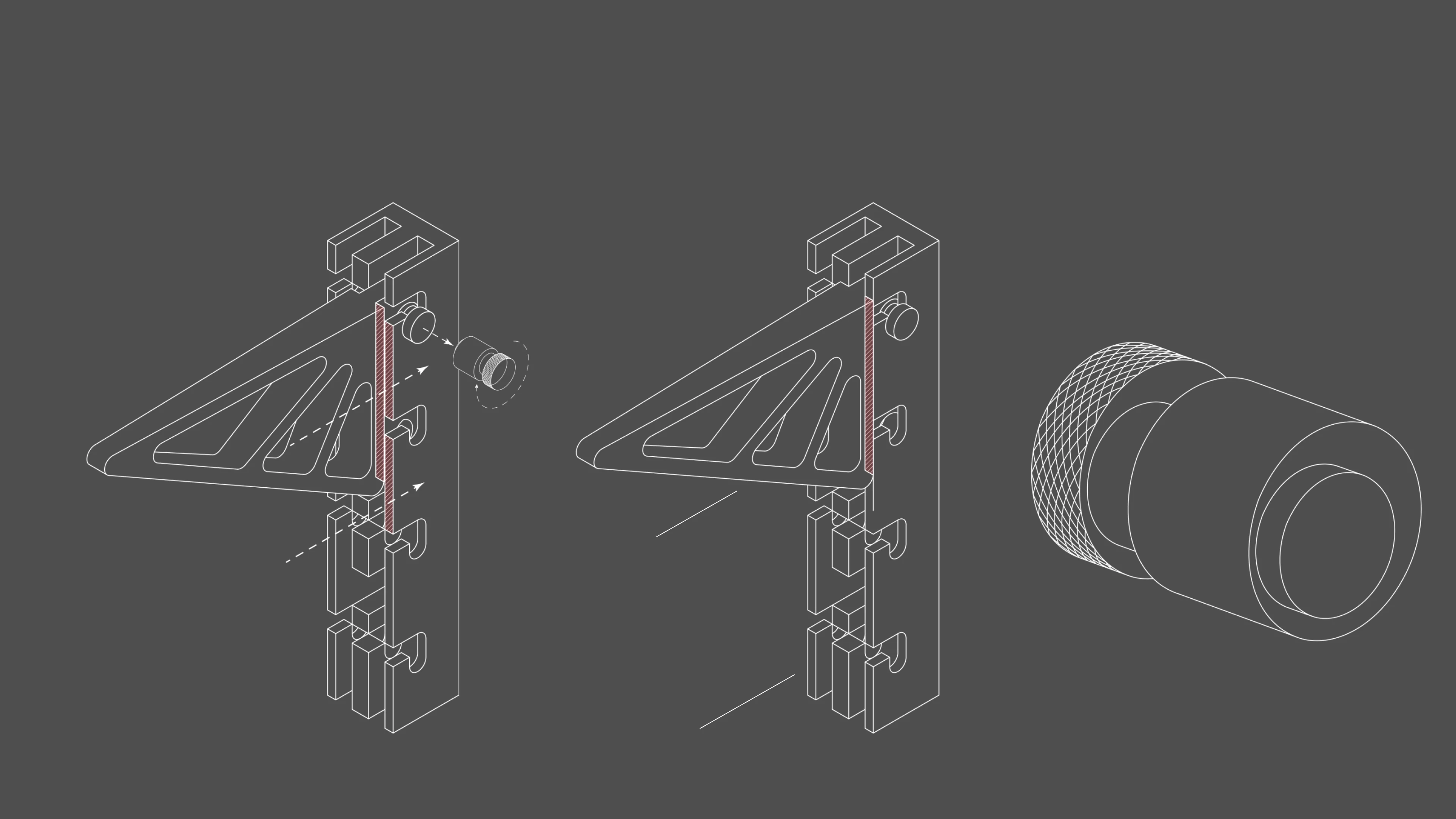 Line drawings of the bracket unlocked and locked on the rail, and the CAM locking pin, with leader lines to each part