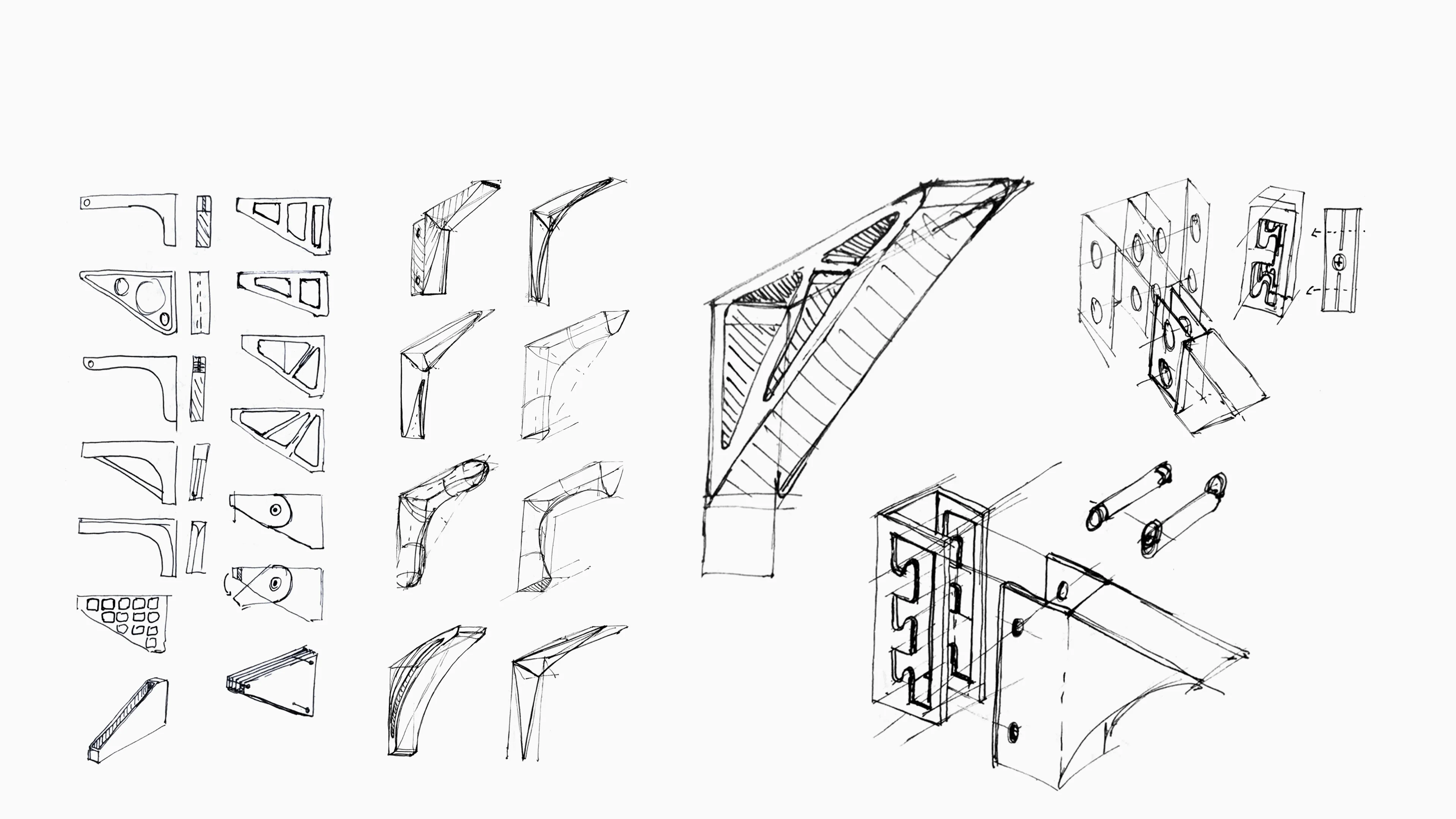 Pen sketches of bracket ideas, the final bracket, and the rail, cam pin and bracket assembly